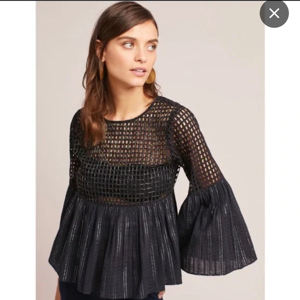 Anthropologie Maeve Alameda Black Beaded Bell Sleeve Blouse Size 4